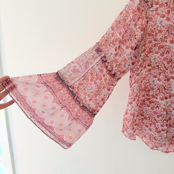 100% Silk Blouse Sheer Beaded Fairy Boho Hippie Romantic Delicate Festival L - Picture 9 of 11